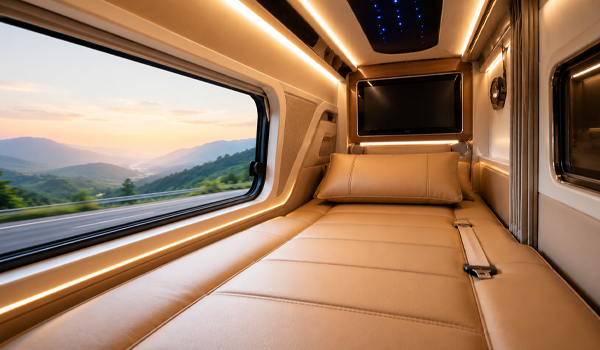 Các cabin VIP được trang bị giường nằm kích thước lớn, chất liệu da mềm mại